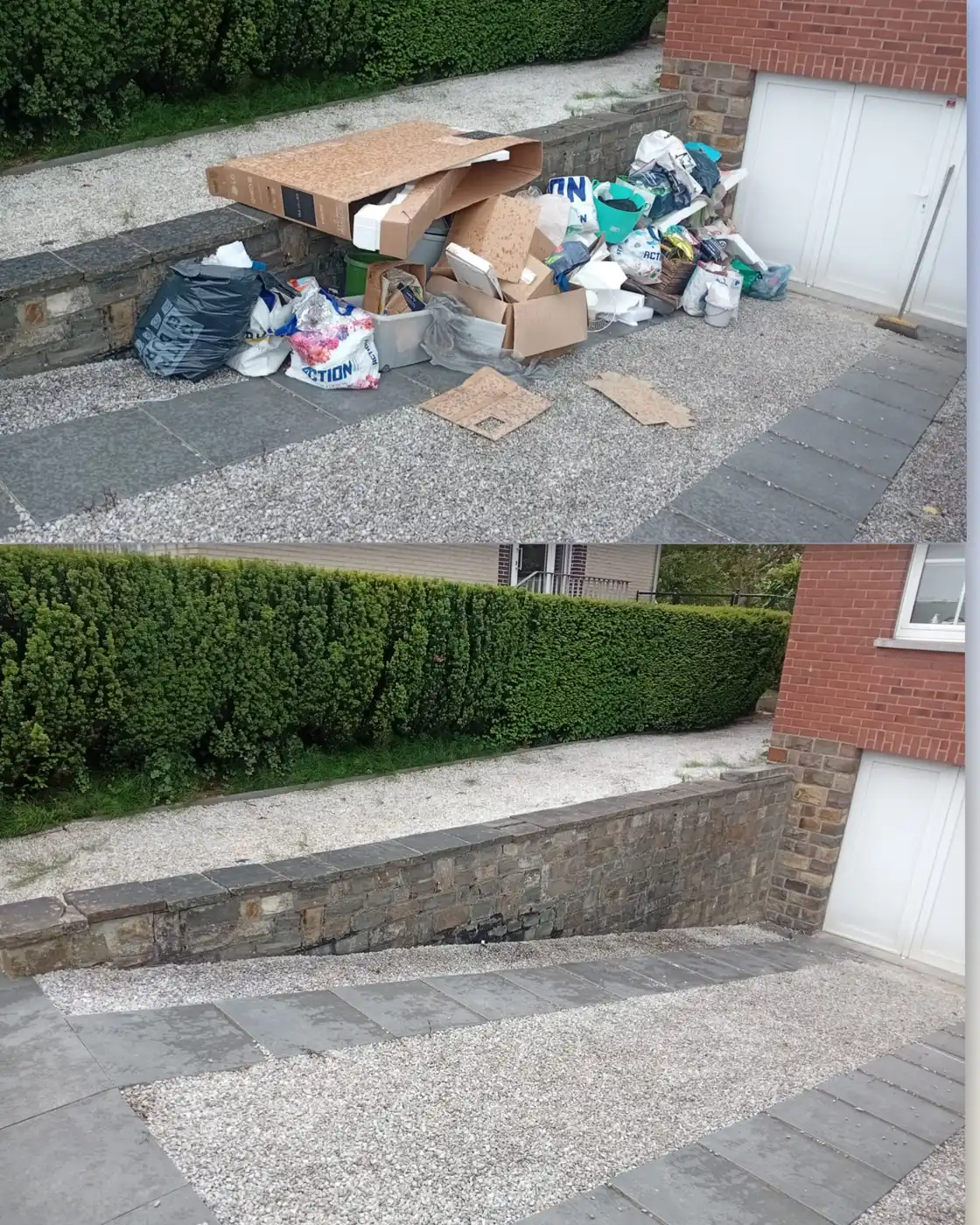 Avant / après : terrasse couverte de cartons et de sacs de déchets, puis nettoyée.