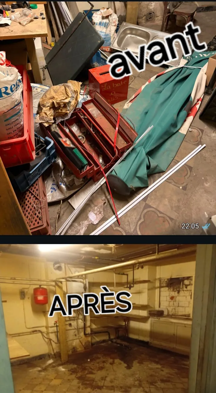 Avant / après : cave et atelier encombrés d'outils et de caisses, puis vidés