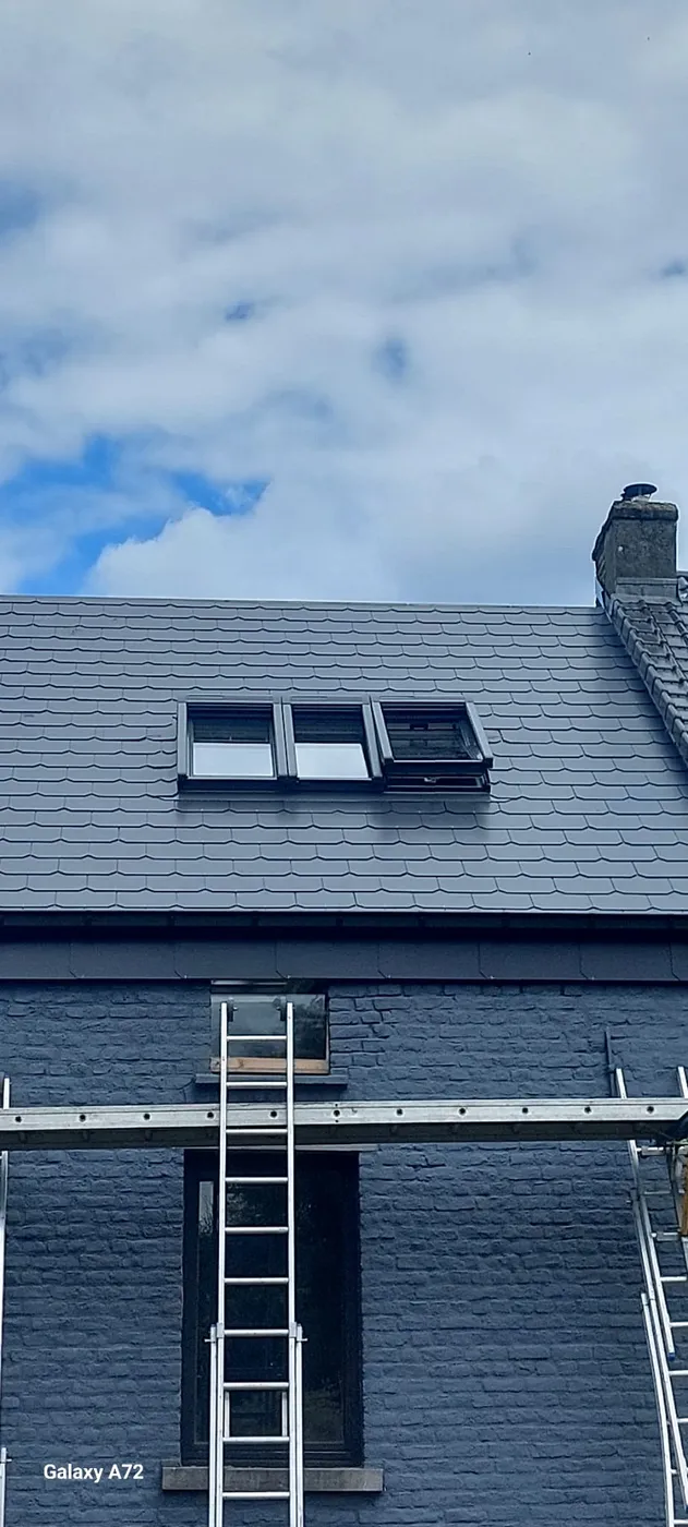 Toiture en ardoises avec échafaudage et échelle, façade rénovée.